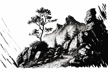 Fototapeta na wymiar landscape feature of a mountain range. Ink on paper. a sketch of rocky slopes. Rocky Mountains natural environment outside scene. on a white background, alone. Generative AI