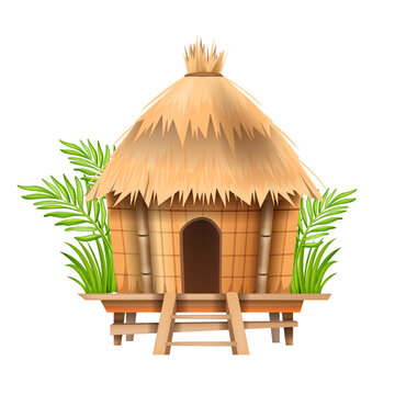 Bungalow Hut, Straw Village African Thatched Nipa House, Vector Bamboo Beach Tent Building Roof. Poor People Shack, Hawaii Summer Tropical Camp Construction. Cartoon Traditional Bungalow Hut Clipart