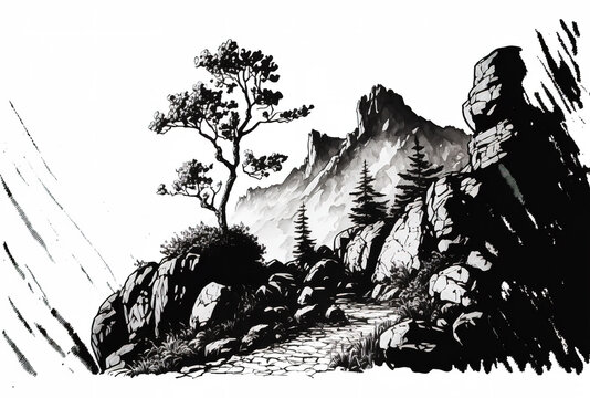landscape feature of a mountain range. Ink on paper. a sketch of rocky slopes. Rocky Mountains natural environment outside scene. on a white background, alone. Generative AI