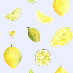Watercolor seamless pattern with yellow lemon slice and whole fruit illustrations. Watercolor hand-drawn fruit lemon background. Organic healthy food texture, for your design and decor