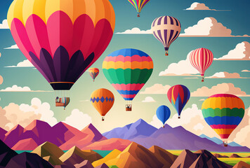 view from a distance of a variety of colorful hot air balloons flying in the sky. Generative AI