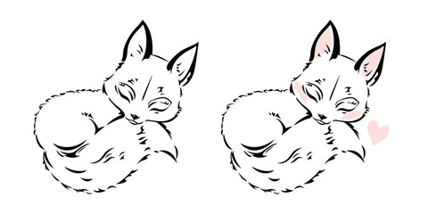 Cute sleeping fox cub isolated on white background. Black outline sketch, little fox in cartoon style. Vector element for nature design, greeting card, screen printing, tattoo, laser cutting.