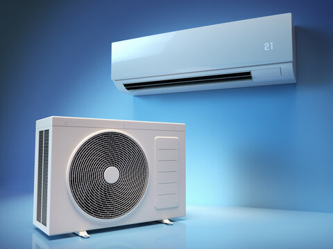 Air Conditioner Systemm, blue background, 3D illustration