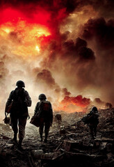 Battalion of soldiers walking to the battlefield ,made with Generative AI