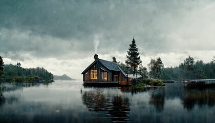Fototapeta premium Solitary house floating on the lake surrounded by lush forest in autumn, ,made with Generative AI
