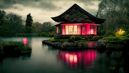 Fototapeta na wymiar Japanese garden with cherry blossom, sakura, houses reflecting in the lake ,made with Generative AI