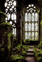 Obraz premium Post-apocalyptic city, dystopic overgrown buildings ,made with Generative AI