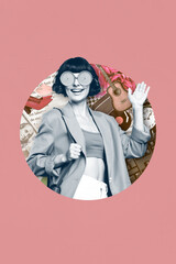 Creative photo 3d collage artwork poster postcard of positive lady inside circle waving arm hi greetings isolated on painting background