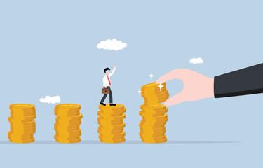Salary rate adjustment, wage increase from employee skill development, job promotion concept, Businessman being happy with salary increase.