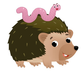 cartoon scene with cheerful hedgehog and a worm isolated illustration for children