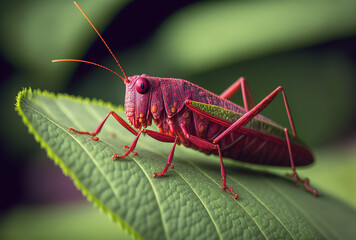 An image of a red grasshopper on a green leaf taken in a garden. Generative AI