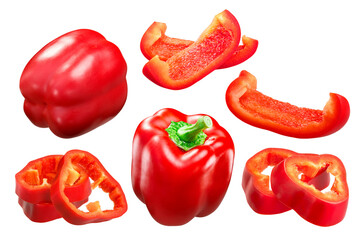 Red Bell Pepper (Capsicum annuum fruit), whole pods and slices, California Wonder variety isolated...