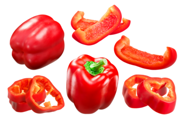 Red Bell Pepper (Capsicum annuum fruit), whole pods and slices, California Wonder variety isolated png