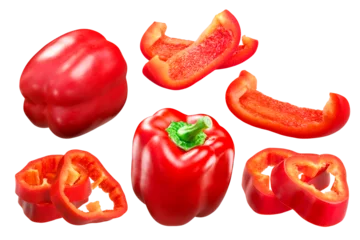 Foto op Plexiglas Red Bell Pepper (Capsicum annuum fruit), whole pods and slices, California Wonder variety isolated png © maxsol7