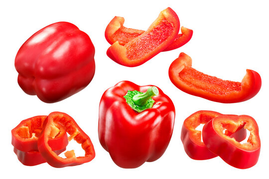Red Bell Pepper (Capsicum annuum fruit), whole pods and slices, California Wonder variety isolated png