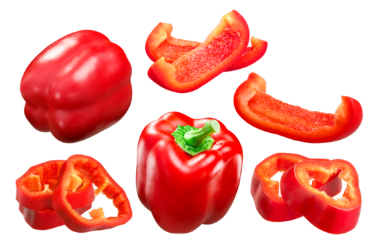 Red Bell Pepper (Capsicum annuum fruit), whole pods and slices, California Wonder variety isolated png