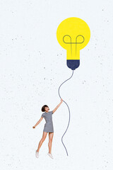 Exclusive magazine picture sketch collage image of excited lady flying bulb balloon isolated painting background