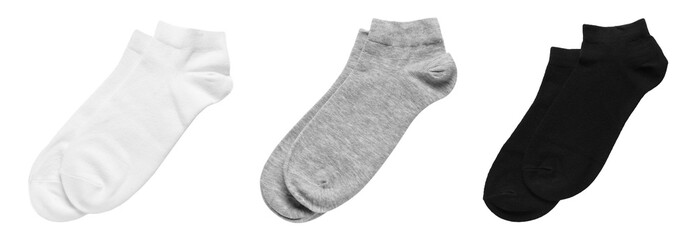 Set with different socks on white background. Banner design