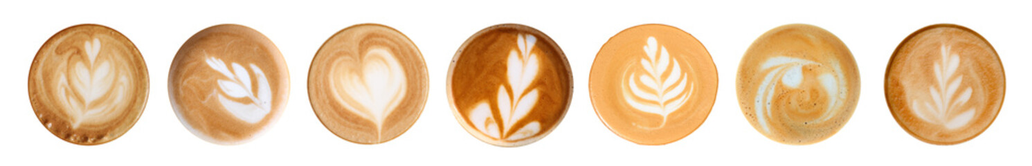 Latte art. Many coffee drinks on white background, top view. Banner design