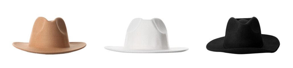 Set with different stylish hats on white background. Banner design