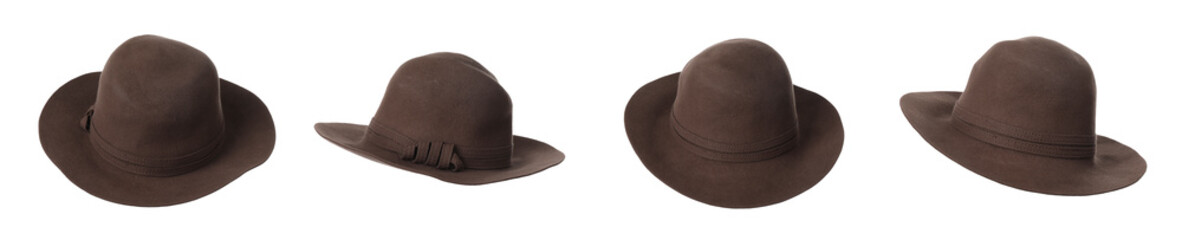 Set with stylish brown hats on white background. Banner design
