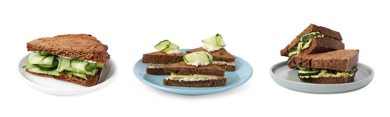Collage with tasty cucumber sandwiches on white background, banner design
