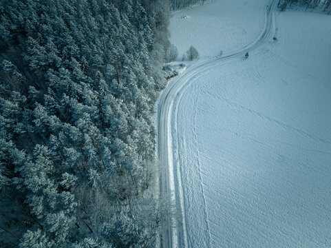 Aerial Overview of Winter road in Rural Sweden, Stockholm