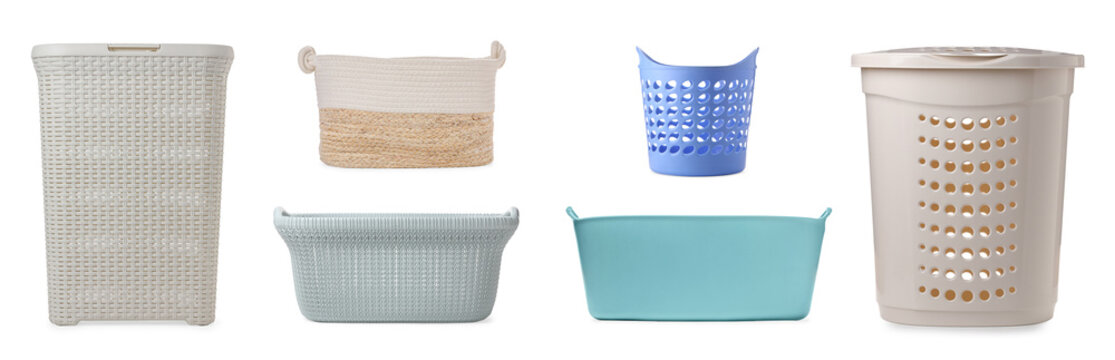 Different laundry baskets on white background. Banner design