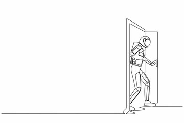Continuous one line drawing astronaut walking through an open door frame in moon surface. New space interstellar expedition. Cosmonaut outer space. Single line draw graphic design vector illustration
