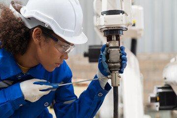 Female engineer worker using screwdriver maintenance automatic welding robotic arm machine in...