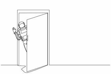 Single one line drawing young astronaut looking from behind open door in moon surface. Spaceman peeking of door and wave hands. Cosmic galaxy space. Continuous line graphic design vector illustration