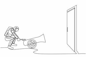 Single continuous line drawing of young astronaut ignites cannon in front of door and destroying door. Eliminating barrier of entries. Cosmonaut deep space. One line graphic design vector illustration