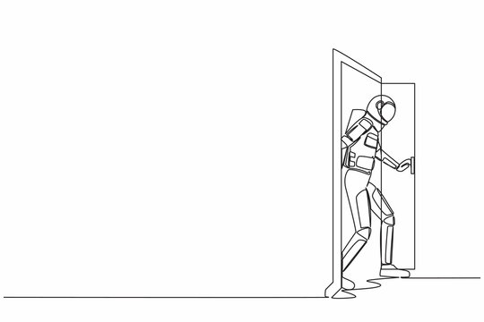 Continuous One Line Drawing Astronaut Walking Through An Open Door Frame In Moon Surface. New Space Interstellar Expedition. Cosmonaut Outer Space. Single Line Draw Graphic Design Vector Illustration