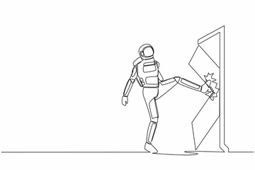 Single one line drawing young astronaut kicks door until door shattered in moon surface. Spaceman kicking locked door, destroy. Cosmic galaxy space. Continuous line graphic design vector illustration