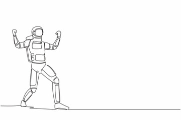 Continuous one line drawing happy astronaut standing with raised his clenched fist hands. Successful spaceship galactic project. Cosmonaut outer space. Single line graphic design vector illustration