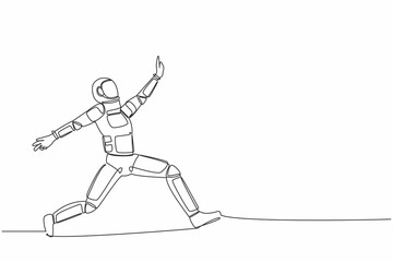 Single continuous line drawing happy astronaut jumping with spread both leg and raise one hand. Celebrating successful spaceship mission. Cosmonaut deep space. One line draw design vector illustration