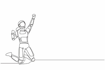 Single one line drawing young astronaut kneeling with raised one hand high and raised other. Happy with spaceship exploration. Cosmic galaxy space. Continuous line graphic design vector illustration