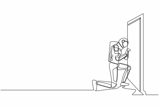 recommend clip art: Single continuous line drawing astronaut prying doorknob with screwdriver. Spaceman repair broken handle door knob with handyman tool. Cosmonaut deep space. One line graphic design vector illustration