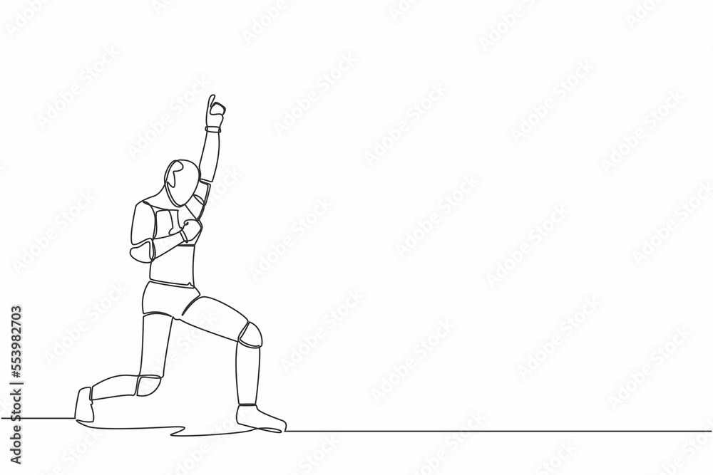 Poster single continuous line happy robot standing with raise one hand and the other hand pose yes. artific
