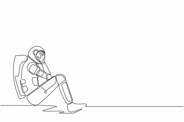 Continuous one line drawing young astronaut sitting on the floor with cover his face, feeling sad due to cosmic journey failure . Cosmonaut outer space. Single line graphic design vector illustration