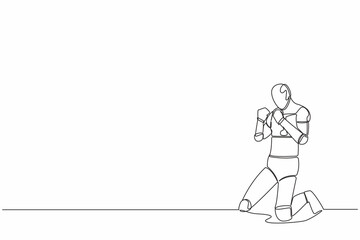Single one line drawing of happy robot kneeling with both hands yes gesture. Success business goal target. Artificial intelligence. Technology industry. Continuous line draw design vector illustration