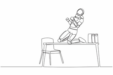 Continuous one line drawing of happy astronaut kneeling with celebrating goal pose on desk. Celebrate successful space expedition. Cosmonaut outer space. Single line graphic design vector illustration