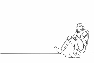 Fototapeta na wymiar Single one line drawing young astronaut cover his face by hands and sitting on the floor. Sad due to spaceship company bankruptcy. Cosmic galaxy space. Continuous line draw design vector illustration