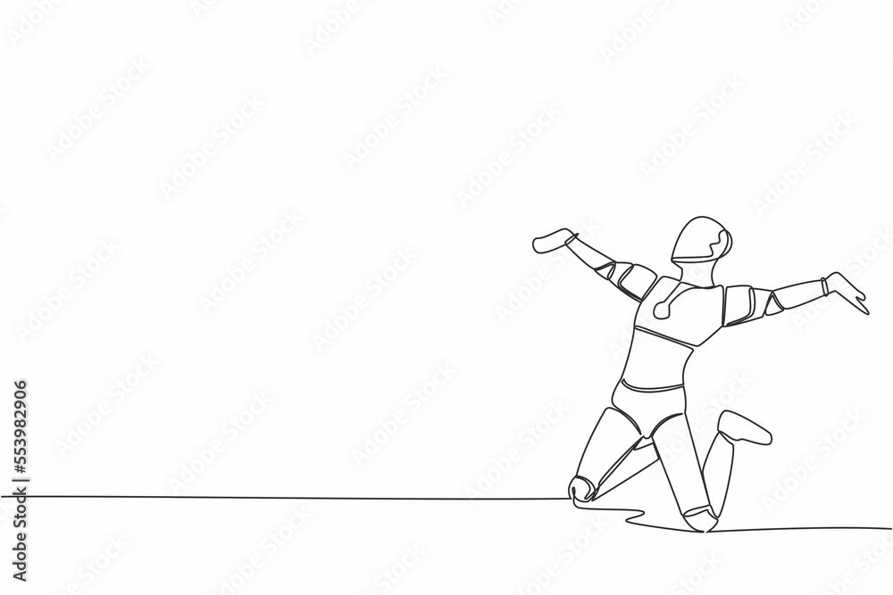 Poster single continuous line happy robot jumping with raised legs and spread arms. future technology devel