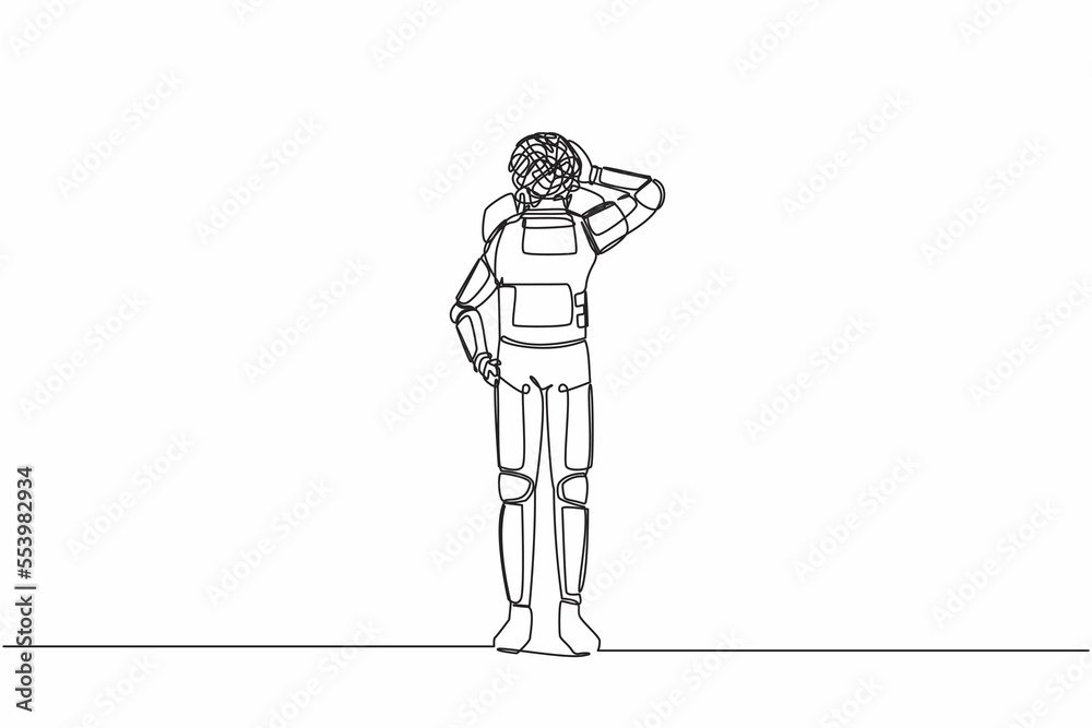 Poster continuous one line drawing of astronaut with round scribbles instead of head. doubting spaceman. me