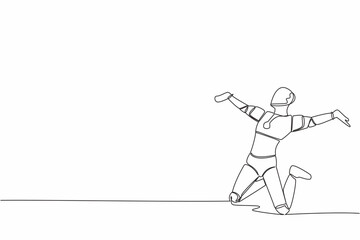 Single continuous line happy robot jumping with raised legs and spread arms. Future technology development. Artificial intelligence machine learning process. One line draw design vector illustration
