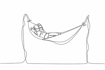 Single one line drawing happy robot lying and sleeping in hammock. Comfort, vacation, and recreation. Artificial intelligence. Technology industry. Continuous line graphic design vector illustration