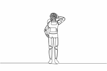 Continuous one line drawing of astronaut with round scribbles instead of head. Doubting spaceman. Memory, searching and thinking. Cosmonaut outer space. Single line graphic design vector illustration