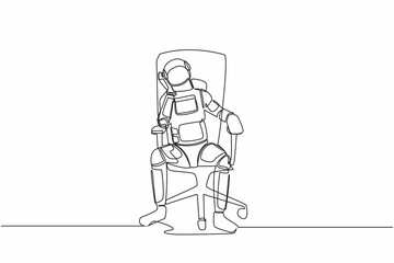 Single continuous line drawing young astronaut sitting at office chair, feeling stressed due to wormhole spaceship expedition failure. Cosmonaut deep space. One line graphic design vector illustration