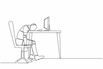 Single one line drawing exhausted sick tired robot sad boring sitting with head down on desk. Robotic artificial intelligence. Technology industry. Continuous line design graphic vector illustration
